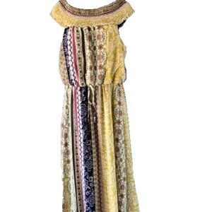 Bailey Blue L Maxi Dress Yellow Floral Smock Neck Boho High Waist Festival Flowy